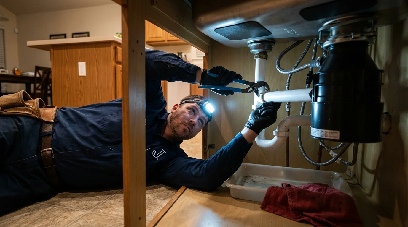 P-trap and supply line connections under a kitchen sink showing a common leak point in Wylie, TX